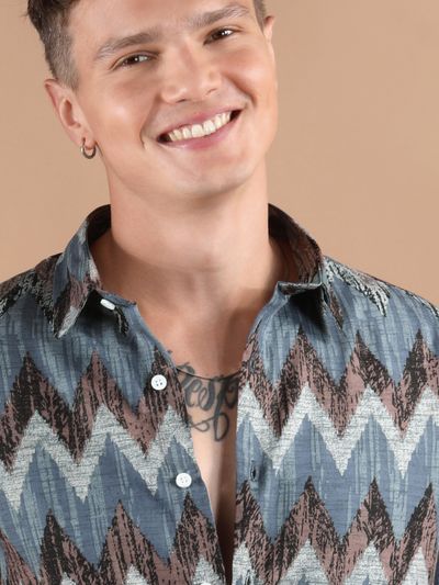 Blue Chevron Half Sleeve Viscose Shirt